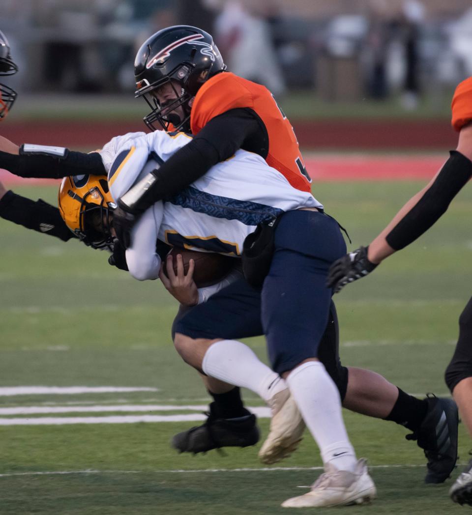 Marine City’s Brock Osterland makes a tackle during a game earlier this season. Osterland recorded 38 solo tackles and two sacks in 2022.