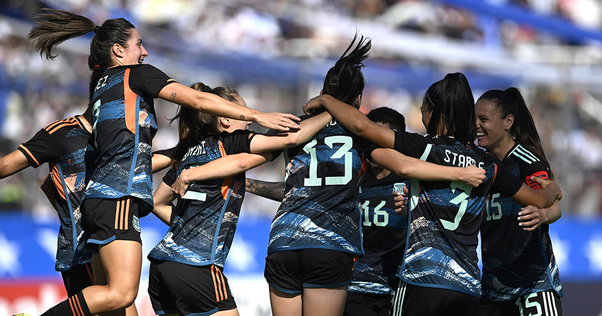  Argentina Women's World Cup 2023 squad: Players of Argentina celebrate the team's first goal scored by Sophia Braun during an international friendly match between Argentina and Venezuela at Estadio Carlos Augusto Mercado Luna on April 9, 2023 in La Rioja, Argentina. 