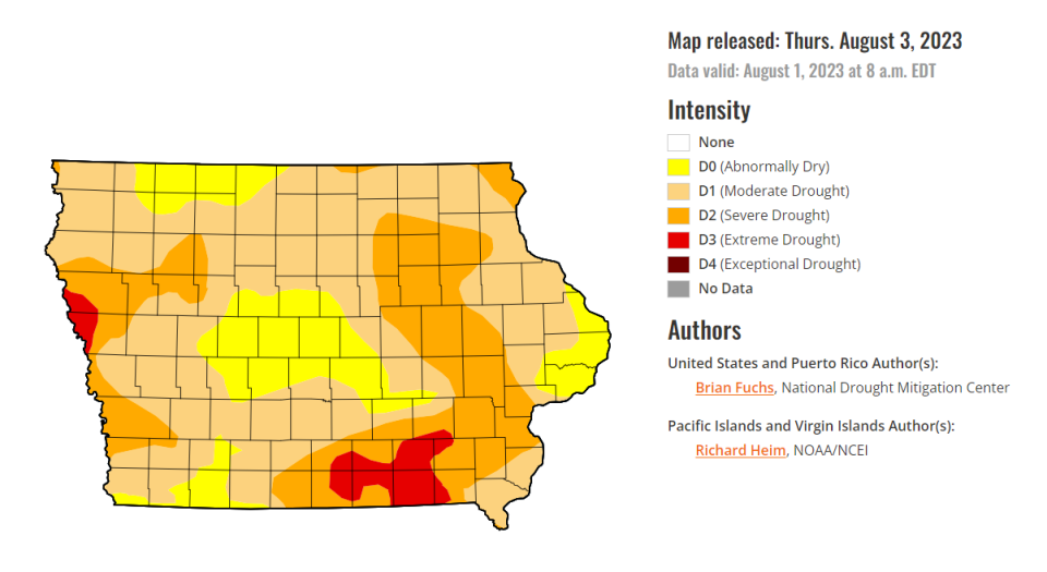 The latest drought monitor, released Aug. 3, shows all of Iowa is still in a drought. It is unclear what, if any, impact rain over the weekend had on the drought.