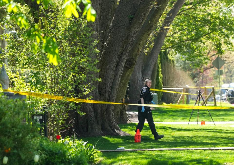 Toronto Police investigate a shooting outside the mansion of rapper Drake in Toronto’s Bridle Path neighborhood (AP)