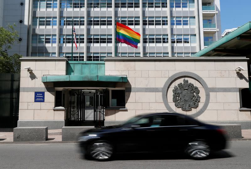 FILE PHOTO: A rainbow flag flies in support of the LGBT community at the British Embassy in Moscow