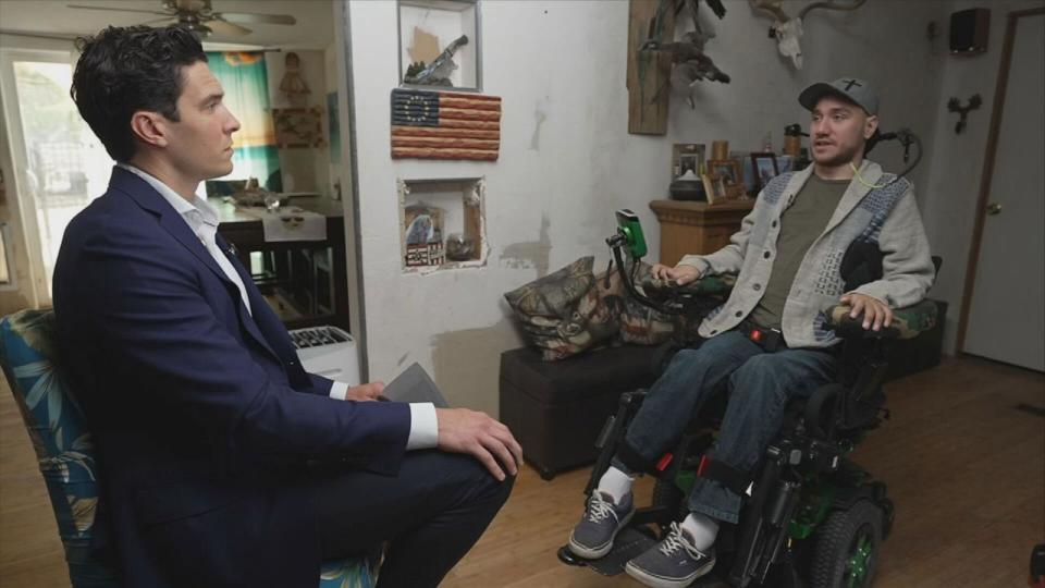 PHOTO: Noland Arbaugh, who became the first human to receive a Neuralink brain implant chip, talks to Will Reeve in an interview that aired on 'Good Morning America' on May 17, 2024. (GMA)