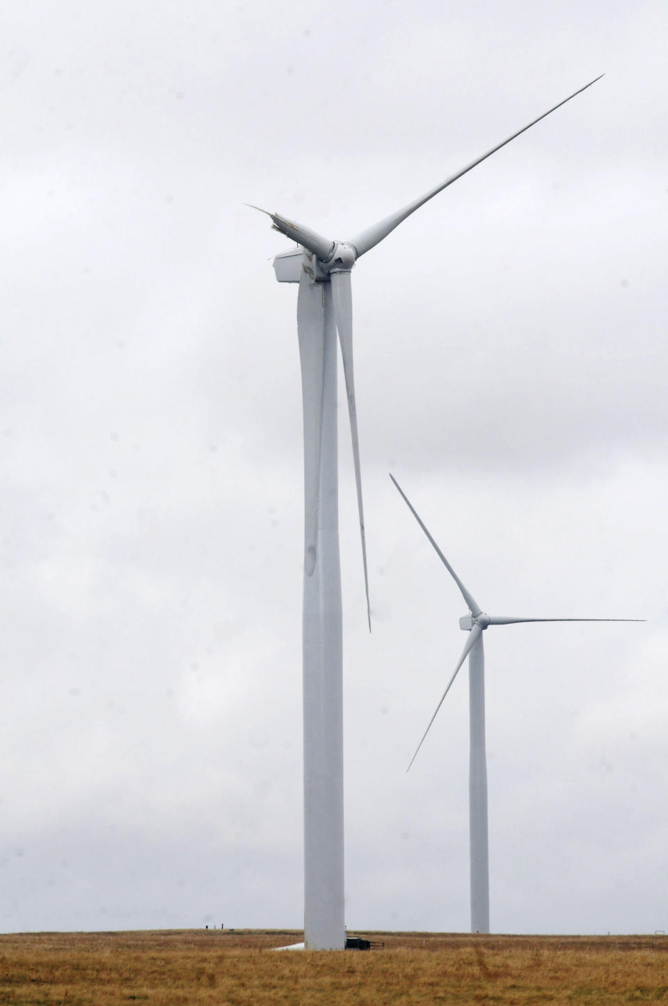 A broken blade is seen on a 300-foot wind turbine Tuesday, April 29, 2014, south of Highmore, S.D., where a single-engine Piper crashed in foggy weather Sunday evening April 27, 2014, killing the pilot and three cattlemen. A National Transportation Safety Board investigator is trying to determine why the airplane was flying so low when it apparently hit the blade of a wind turbine. The wreckage of the aircraft will be removed by Wednesday and taken to Colorado. (AP Photo/Capital Journal, Joel Ebert)