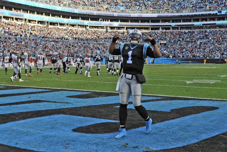 Cam Newton and the Panthers are still in the running to host a playoff game as the NFC South champions. (AP) 