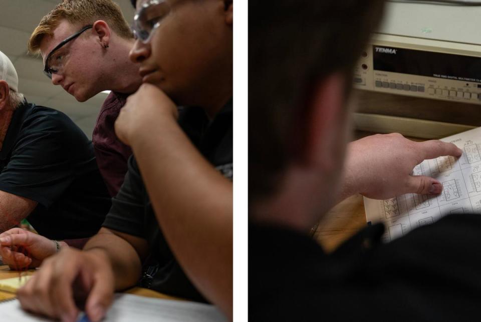 First: Texas State Technical College Wind Energy Technology instructor Russell Benson, left, helps students during a lab on inductors on March 5, 2024, in Sweetwater. Last: Students Shayne Howard, left, and Steven Vasquez work together to troubleshoot a logic gate while assembling a circuit. Credit: