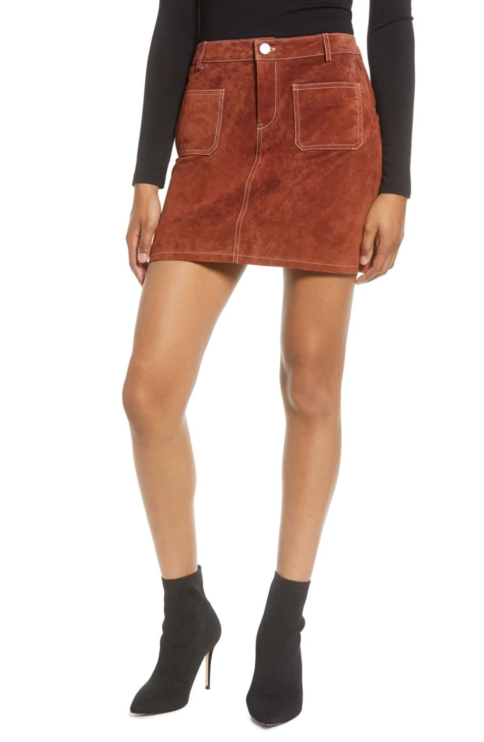 16) Topstitch Detail Suede Miniskirt