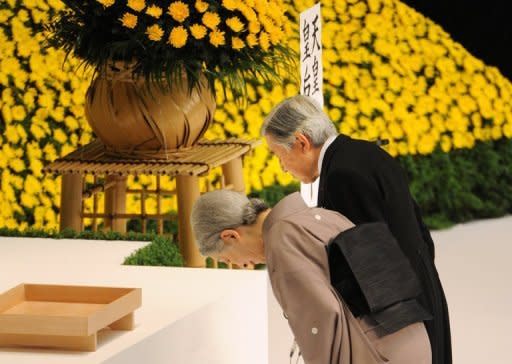Japanese Emperor Akihito and Empress Michiko offer a silent prayer during an annual memorial service to honour the dead on the 67th anniversary of Japan's surrender from World War II in Tokyo. China and South Korea have pressed Japan to face up to its wartime past, as festering territorial disputes flared and Asia marked the anniversary of Tokyo's World War II surrender