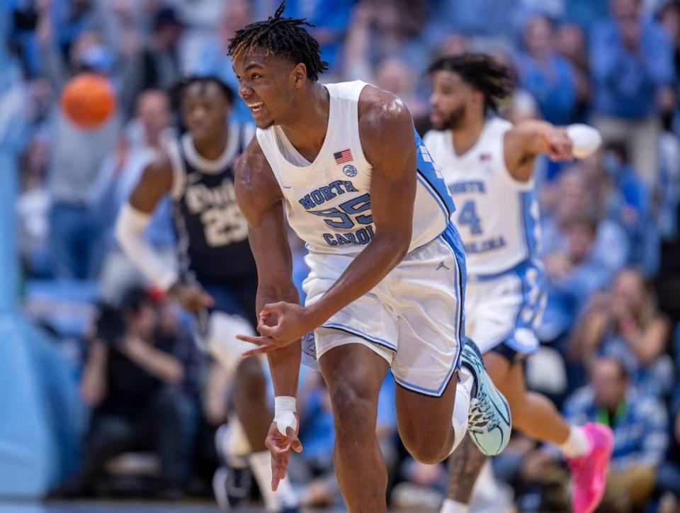 North Carolina’s Harrison Ingram (55) reacts after sinking a three-point basket to give the Tar Heels a 34-28 lead in the first half on Saturday, February, 3, 2024 at the Dean E. Smith Center in Chapel Hill, NC.