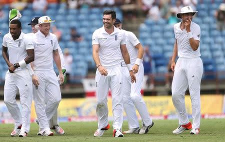 Cricket - West Indies v England - Second Test - National Cricket Ground, Grenada - 25/4/15 England's James Anderson celebrates the wicket of Jason Holder Action Images via Reuters / Jason O'Brien