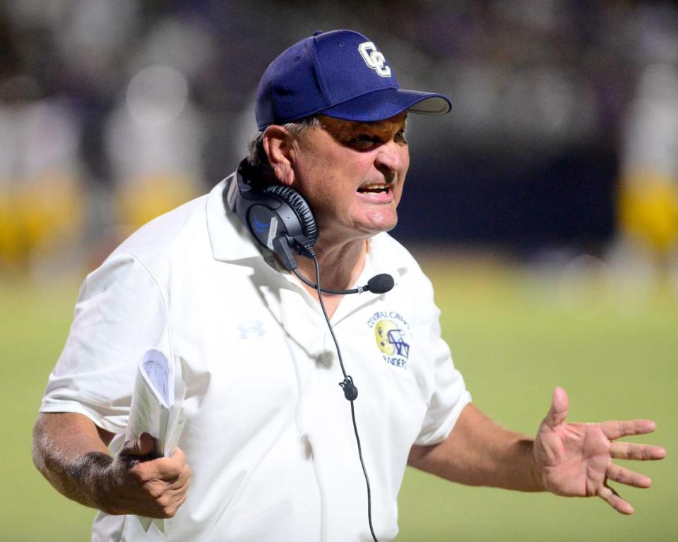 Central Catholic Head Coach Roger Canepa talks to his team during a game between Central Catholic and Serra at Central Catholic High School in Modesto California on September 8, 2023.