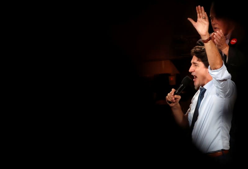 Liberal leader and Canadian Prime Minister Justin Trudeau takes part in a rallye as he campaigns for the upcoming election, in Victoria, British Columbia
