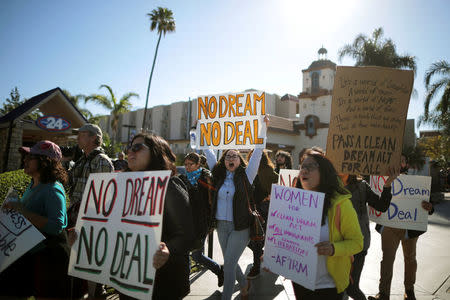 FILE PHOTO: DACA recipients and supporters protest for a clean Dream Act outside Disneyland in Anaheim, California U.S. January 22, 2018. REUTERS/Lucy Nicholson