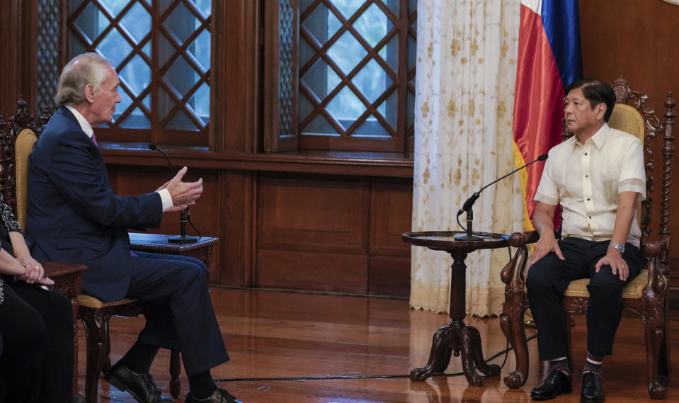 In this photo provided by the Malacanang Presidential Photographers Division, Philippine President Philippine President Ferdinand Marcos Jr., right, listens as U.S. Sen. Edward Markey talks during the latter's courtesy call at the Malacanang presidential palace in Manila, Philippines on Thursday Aug. 18, 2022. Markey, who was once banned in the Philippines by former President Rodrigo Duterte, on Friday met a long-detained Filipino opposition leader, former senator Leila de Lima, whom he says has been wrongfully imprisoned under Duterte and should be freed. (Malacanang Presidential Photographers Division via AP)