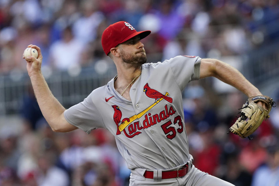 St. Louis Cardinals starting pitcher John Gant delivers in the first inning of the team's baseball game against the Atlanta Braves on Thursday, June 17, 2021, in Atlanta. (AP Photo/John Bazemore)