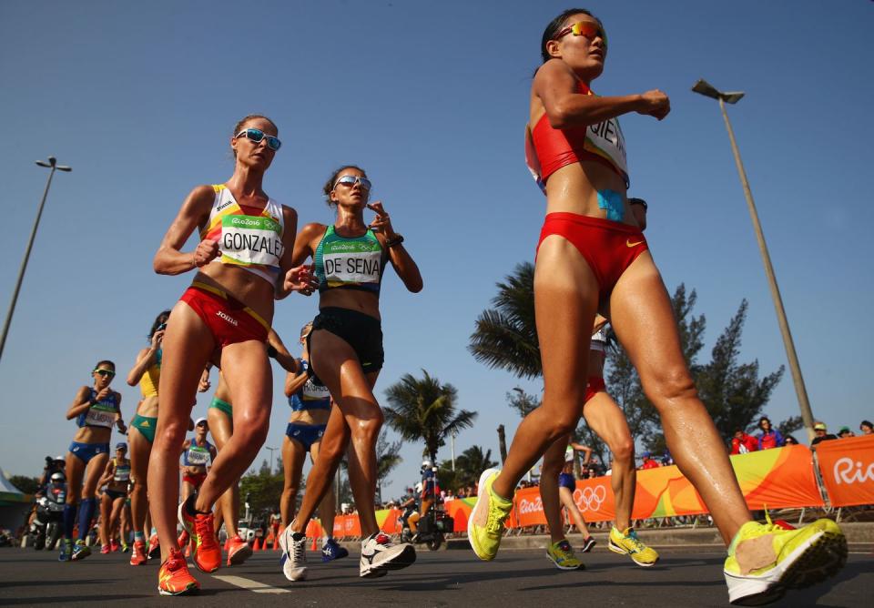 <p>What, you didn't know race walking was an Olympic sport? What sets it apart from running is the fact that the athlete must <a href="https://www.usatf.org/disciplines/race-walking" rel="nofollow noopener" target="_blank" data-ylk="slk:always maintain contact;elm:context_link;itc:0;sec:content-canvas" class="link ">always maintain contact</a> with the ground. Olympic judges note the technique of an athlete to determine fouls and disqualification. </p>