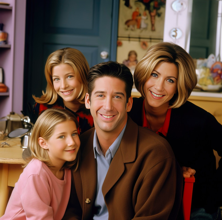 <p>Jennifer Aniston y David Schwimmer dieron vida a una de las parejas más queridas de todos los tiempos de la televisión: Rachel y Ross en 'Friends'. La serie nunca mostró cómo se verían con hijos, pero la IA da un adelanto bastante creíble.</p>
