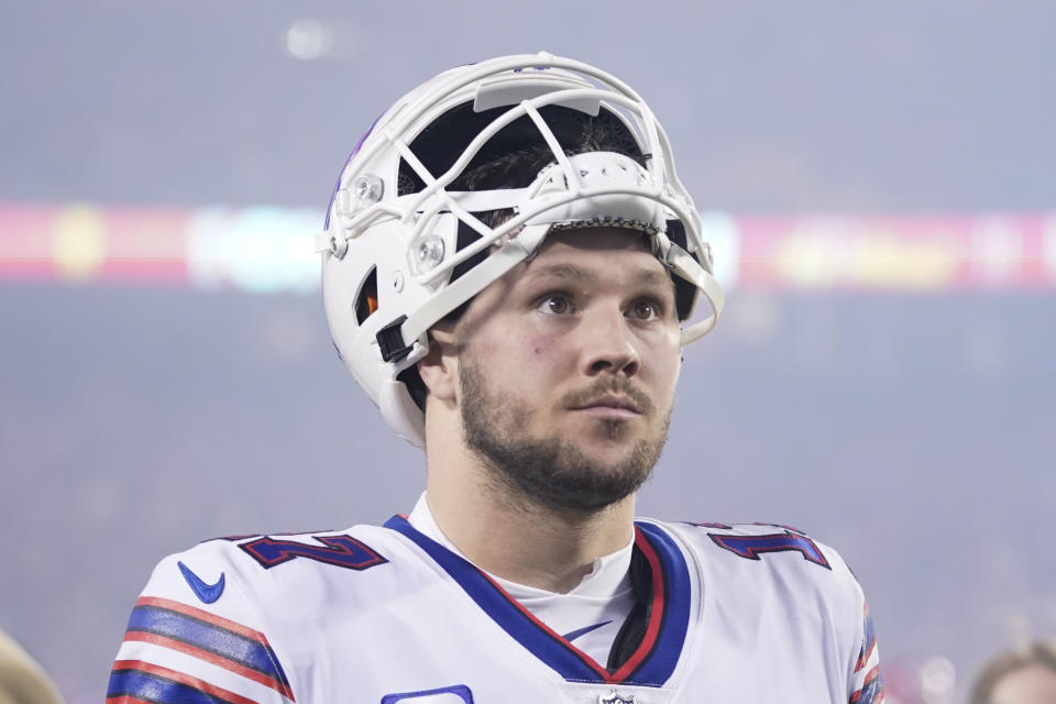 Buffalo Bills quarterback Josh Allen walks off the field after an NFL divisional round playoff football game against the Kansas City Chiefs, Sunday, Jan. 23, 2022, in Kansas City, Mo. The Chiefs won 42-36 in overtime. (AP Photo/Ed Zurga)