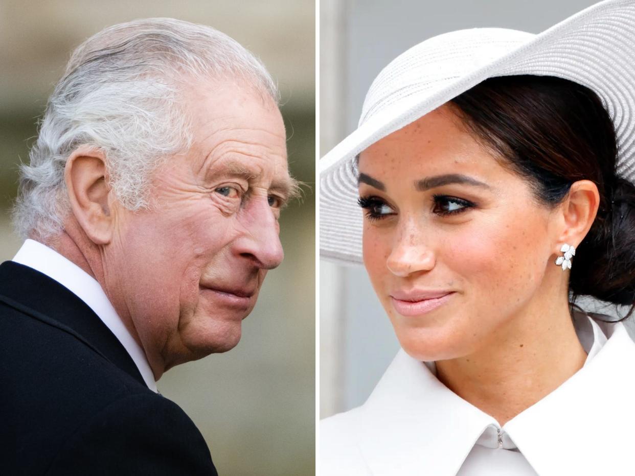 A split image of King Charles and Meghan Markle