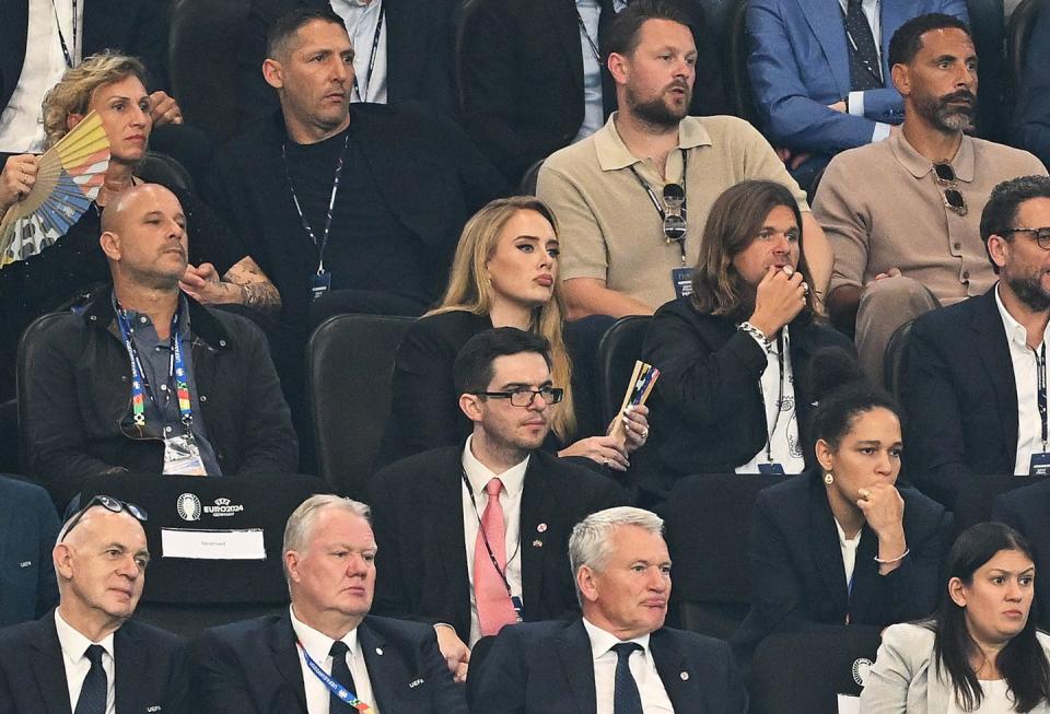 dortmund, germany july 10 singer adele looks on as she watches the match during the uefa euro 2024 semi final match between netherlands and england at football stadium dortmund on july 10, 2024 in dortmund, germany photo by michael regan uefauefa via getty images