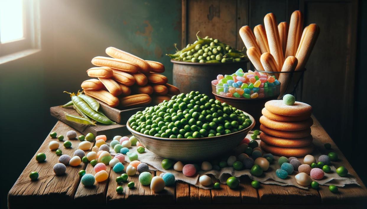 AI-generated image of a table of food including ladyfingers, marrowfat peas, and sweetmeats