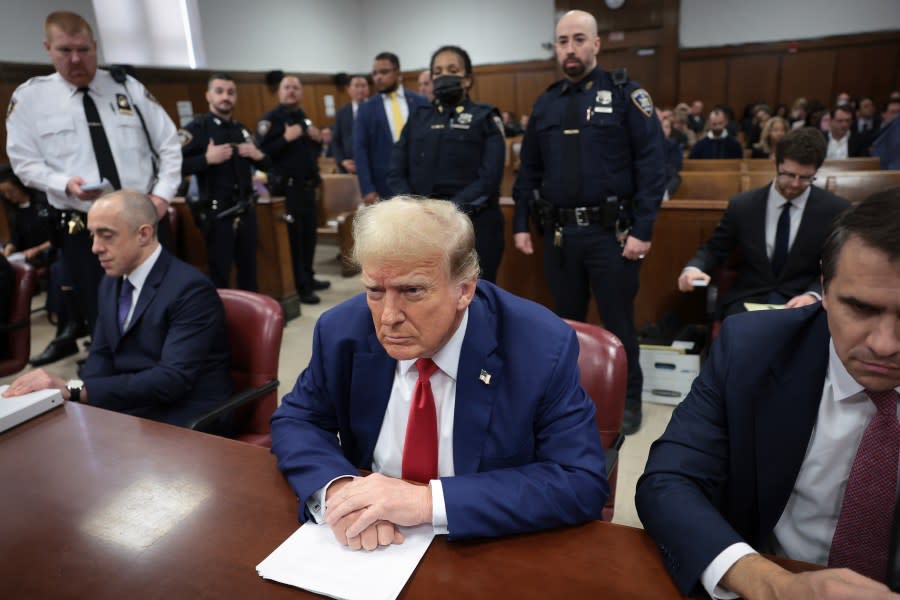 Former President Donald Trump attends his trial at the Manhattan Criminal court, Monday, May 6, 2024, in New York. (Win McNamee/Pool Photo via AP)