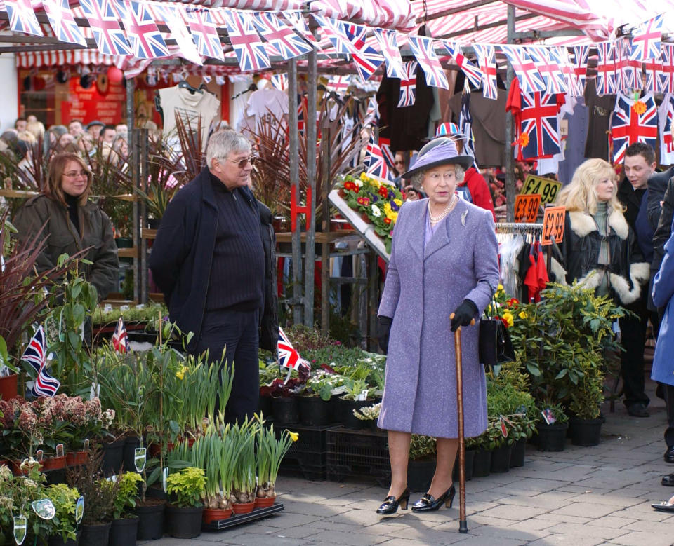 The Queen Undertakes A Walkabout During A Visit To Romford Market In Essex. . (Photo by Mark Cuthbert/UK Press via Getty Images)