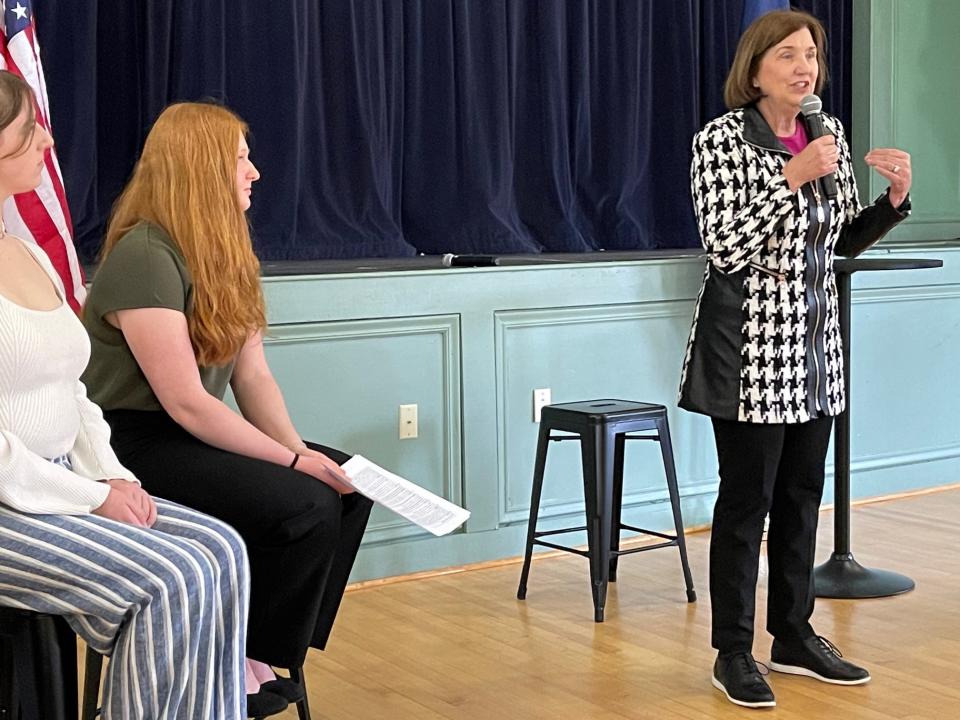 Cinde Warmington, an executive councilor and Democratic gubernatorial candidate, responds to questions from a student panel at Exeter Town Hall on Sunday, May 5, 2024.