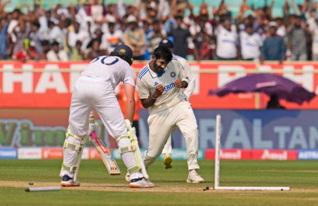 Bumrah celebrates the wicket of Pope 