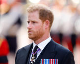 <p>Prince Harry, Duke of Sussex walks behind Queen Elizabeth II's coffin as it is transported on a gun carriage from Buckingham Palace to the Palace of Westminster ahead of her lying-in-state. (Getty)</p> 