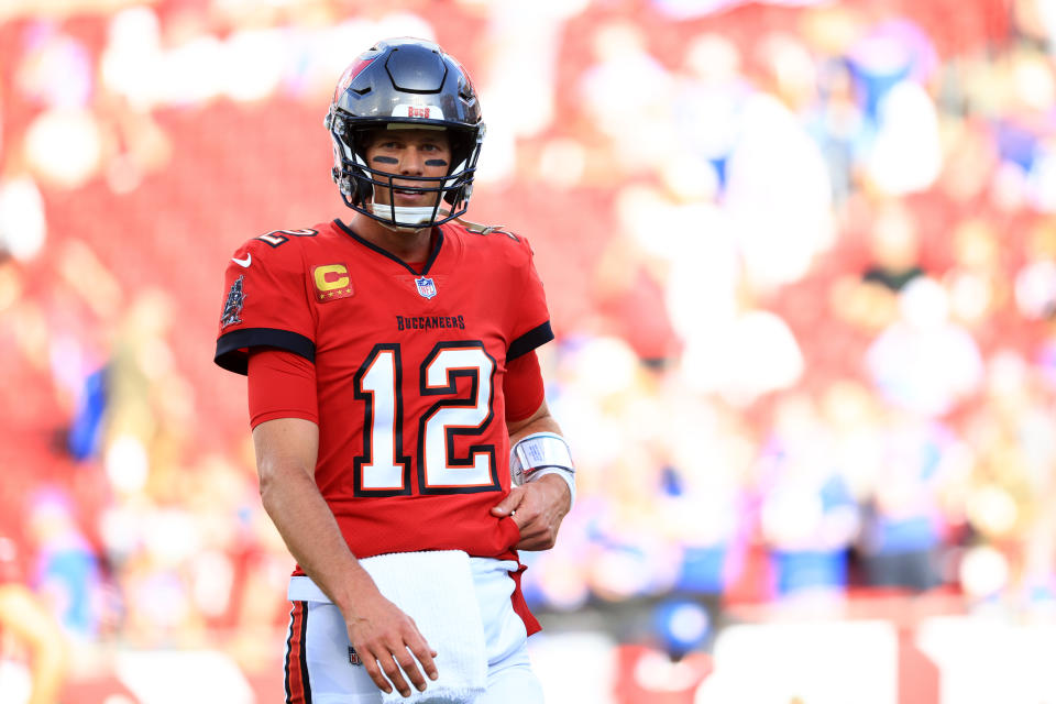 TAMPA, FLORIDA - DECEMBER 12: Tom Brady #12 of the Tampa Bay Buccaneers reacts Buffalo Bills during the first half at Raymond James Stadium on December 12, 2021 in Tampa, Florida. (Photo by Mike Ehrmann/Getty Images)