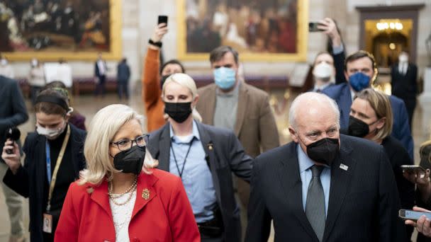 PHOTO: Rep. Liz Cheney, left, and former Vice President Dick Cheney walk through the Rotunda on the first anniversary of the deadly insurrection at the U.S. Capitol in Washington, D.C.,Jan. 6, 2022. (Stefani Reynolds/Bloomberg via Getty Images, FILE)