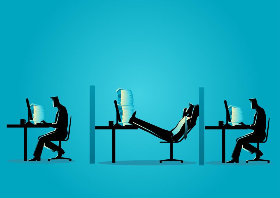 An illustration of an employee not working hard, surrounded by two colleagues who are working.