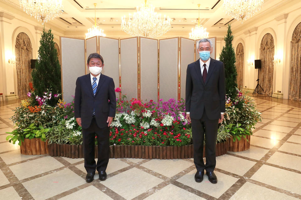 Call on Prime Minister Lee Hsien Loong of Singapore by Minister of Foreign Affairs of Japan Motegi Toshimitsu at The Istana, Singapore, on 13 August 2020. (PHOTO: Ministry of Communications and Information)