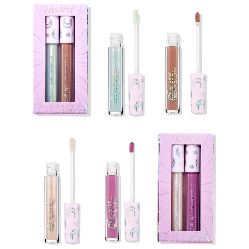 four shades of shiny lip gloss inside and outside of packaging 