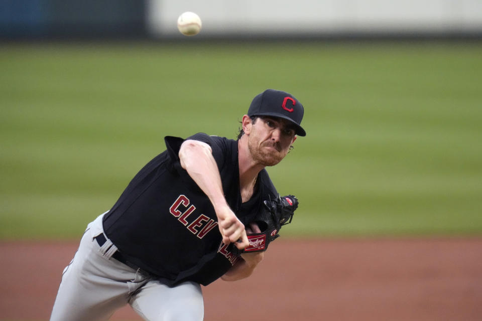 Cleveland Indians starting pitcher Shane Bieber throws during the first inning of a baseball game against the St. Louis Cardinals Tuesday, June 8, 2021, in St. Louis. (AP Photo/Jeff Roberson)