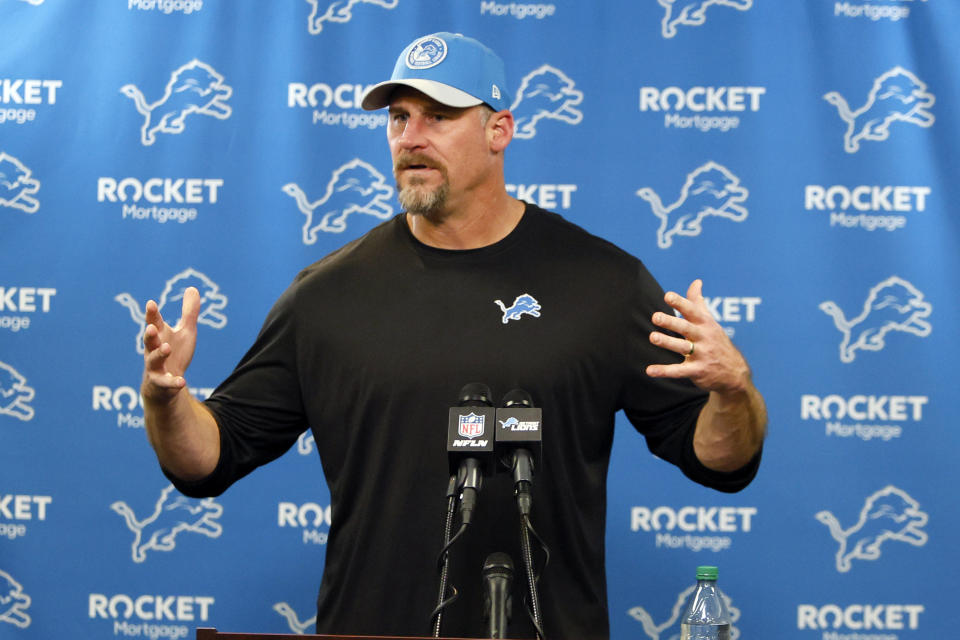 Detroit Lions head coach Dan Campbell addresses the media after an NFL football game against the Green Bay Packers, Thursday, Nov. 23, 2023, in Detroit. (AP Photo/Duane Burleson)