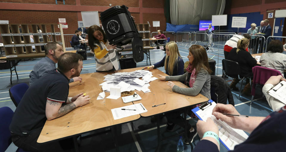 Counting of ballots begins in the Northern Ireland local elections as at Coleraine Leisure centre in County Londonderry, Friday May 3, 2019. Elections were held Thursday for more than 8,000 seats on 259 local authorities across England — although not in London — and Northern Ireland. (Niall Carson/PA via AP)