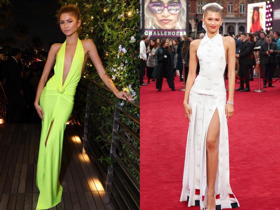 A side-by-side of Zendaya in two tennis-themed red carpet dresses.