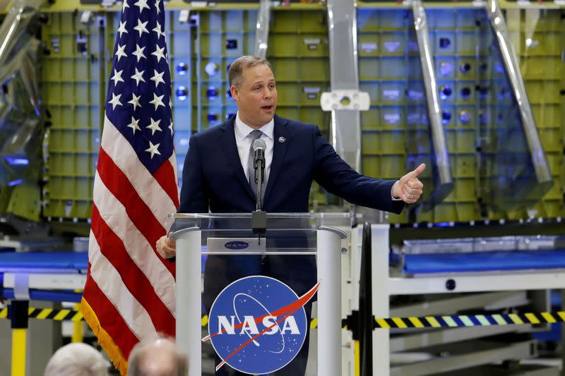 FILE PHOTO: NASA Administrator Jim Bridenstine speaks about the upcoming year's budget during an address to the workers at NASA's Kennedy Space Center in Cape Canaveral