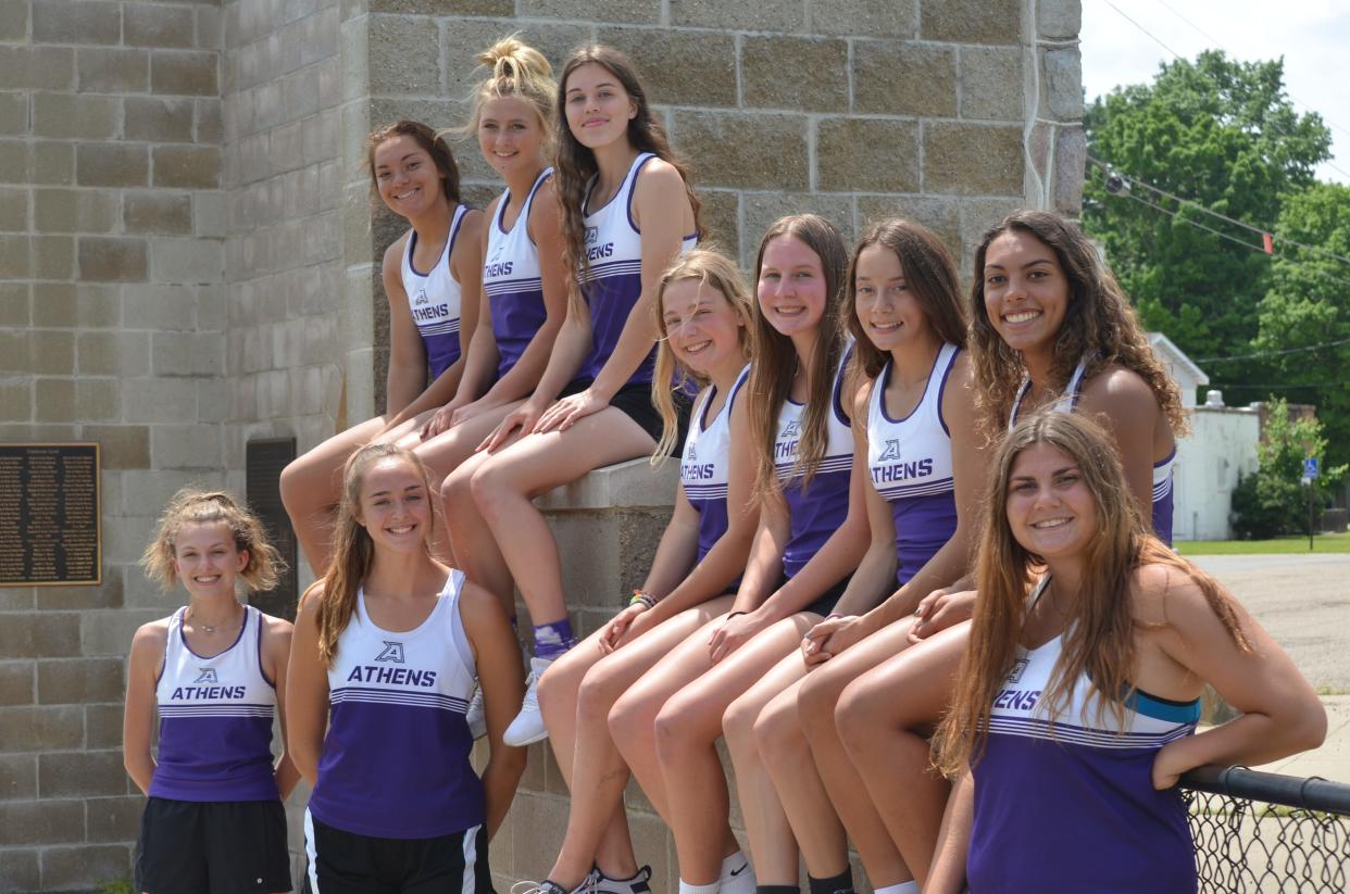 The Athens girls track team is sending a large contingent to the MHSAA State Track Meet, including Sara Nobach, Kenneddi Cromwell, Emma Dexter, Jocelyn Hall, McKenzie Miller, Kamryn Parlin, Kylie Quist, Alina Sprung, Abby Youmans and Zoey Williams.