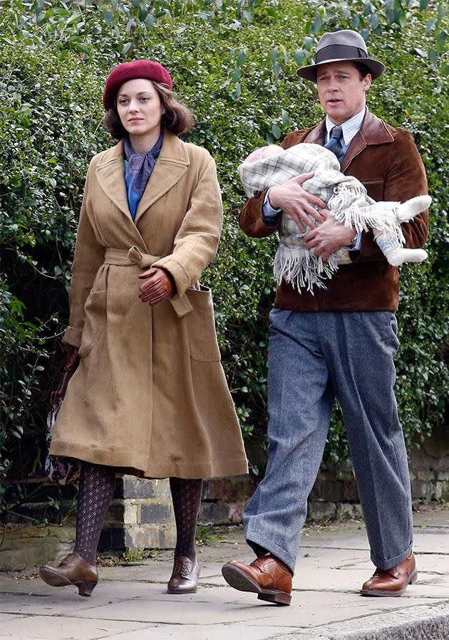 Marion Cotillard and Brad Pitt film scenes for <i>Allied</i>. Source: Getty