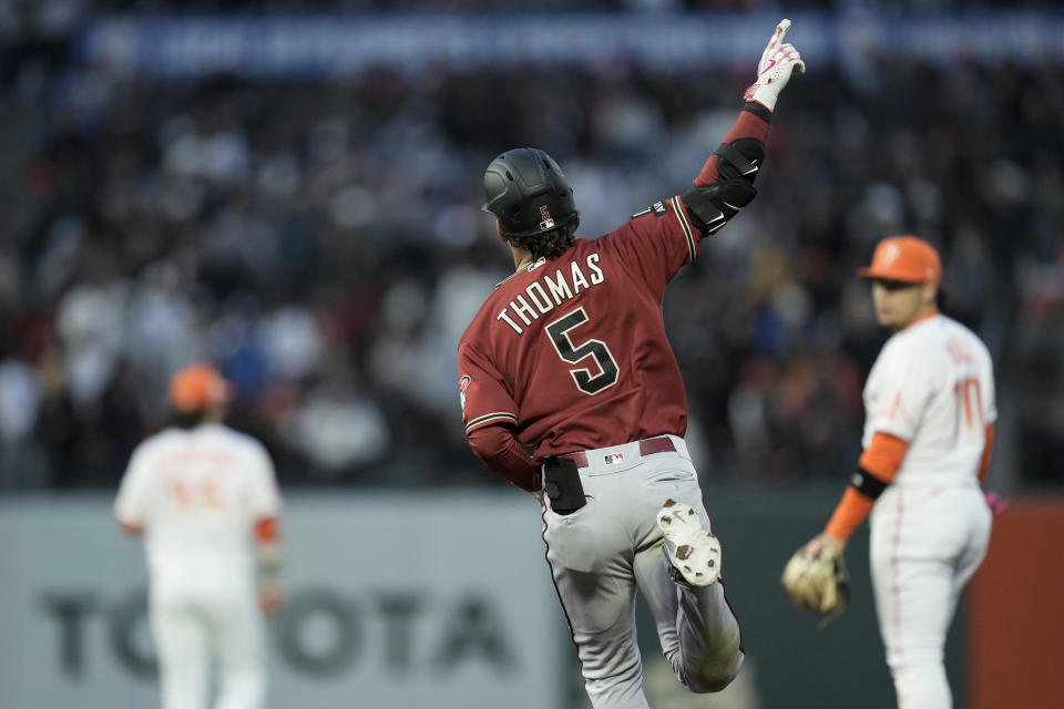 Arizona Diamondbacks' Alek Thomas (5) runs the bases after hitting a solo home run against the San Francisco Giants during the sixth inning of a baseball game Tuesday, Aug. 1, 2023, in San Francisco. (AP Photo/Godofredo A. Vásquez)