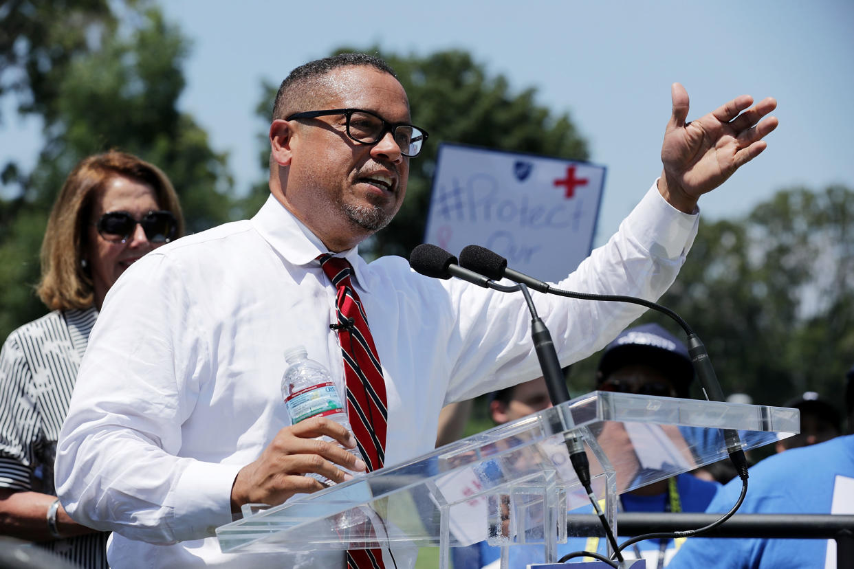 Rep. Keith Ellison (D-Minn.) addresses a rally against education funding cuts outside the U.S. Capitol in July 2017. Days before the Democratic primary for Minnesota attorney general, his campaign was shaken by domestic abuse allegations. (Photo: Chip Somodevilla / Getty Images)