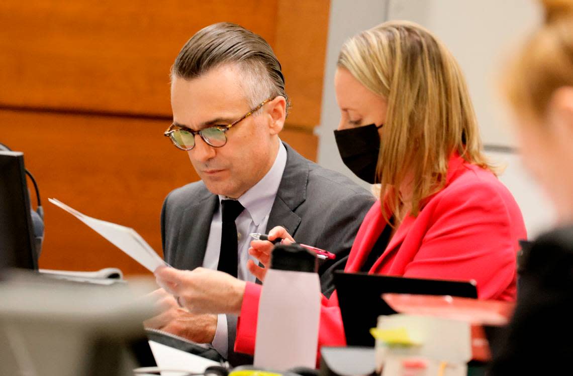 Capital defense attorney Casey Secor and Assistant Public Defender Melisa McNeill look over evidence on Monday, July 25, during the penalty phase of shooter Nikolas Cruz at the Broward County Courthouse in Fort Lauderdale. The defense will put on its case later in the trial.