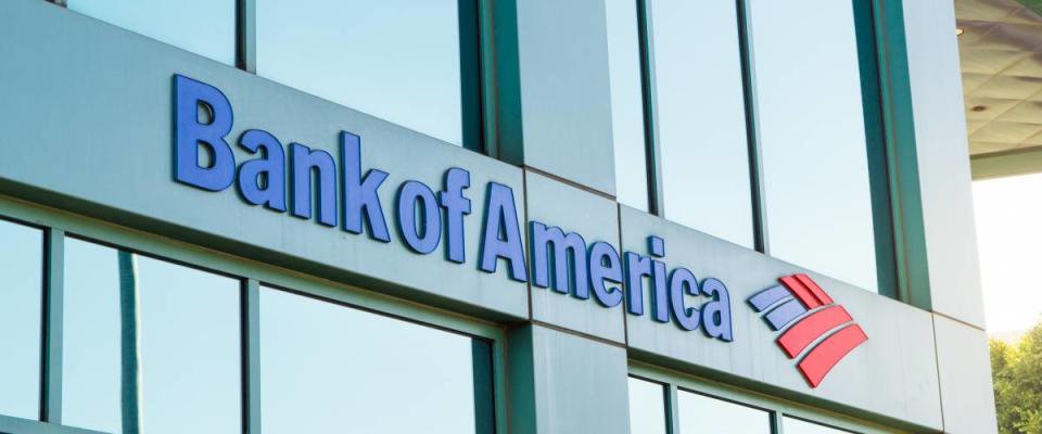 The logo of Bank of America in modern office building in Beverly Hills.