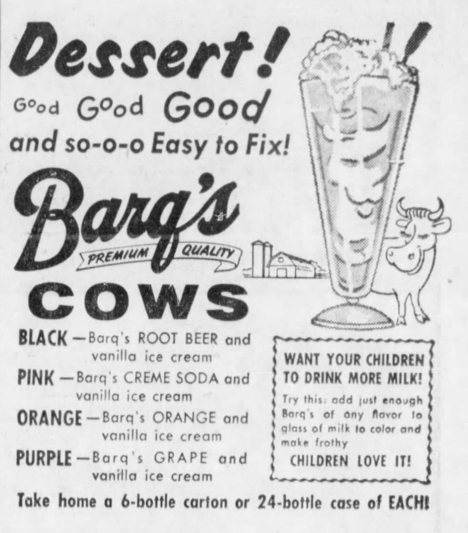 A Barq’s ad in The Enquirer in 1956 tells how to make different ice cream floats, the pink cow, black cow, orange cow and purple cow, using its sodas.