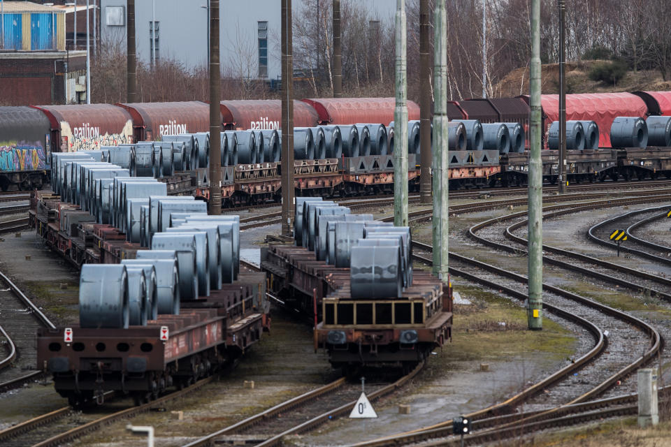 DUISBURG, GERMANY - MARCH 05: Coils of steel stand on trains in front of the ThyssenKrupp steel mill on March 5, 2018 in Duisburg, Germany. Tensions between U.S. President Donald Trump and the European Union are rising after Trump announced he would respond to any E.U. tariffs on American goods with U.S. tariffs on European cars. Trump originally sought tariffs on imports of steel and aluminum, to which EU officials said they would respond with tariffs on U.S. jeans, motorcycles and bourbon. The European Union and Canada are the two biggest exporters of steel to the United States. (Photo by Lukas Schulze/Getty Images)