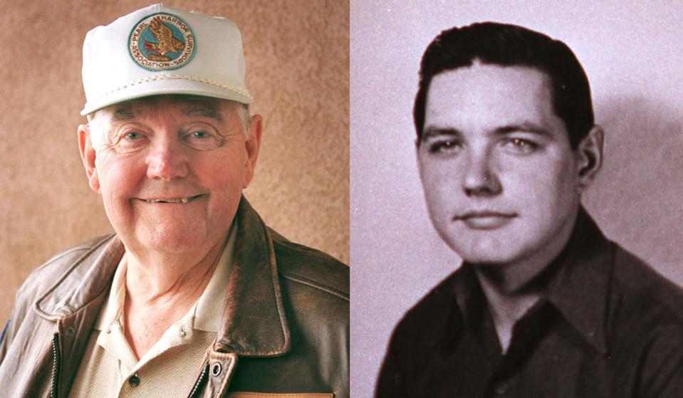 Stuart “Bud” Sweeney, of Plymouth, Wis. is a Pearl Harbor survivor. He is wearing a leather jacket in 2001 with original insignias from his unit. At right is how he appeared during World War II. Sweeney passed away in 2017 at age 94.