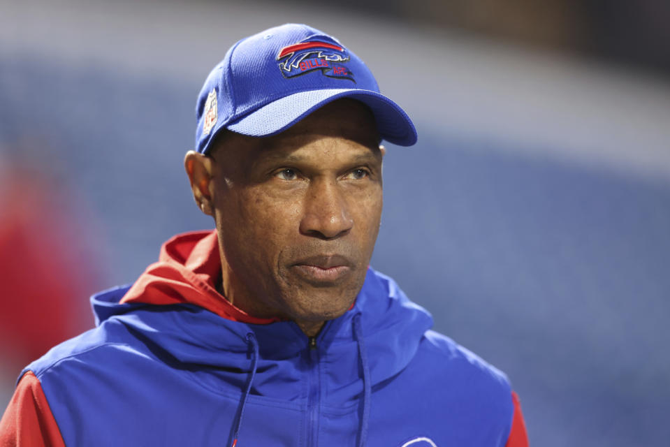 FILE - Buffalo Bills defensive coordinator and assistant head coach Leslie Frazier walks the sideline prior to an NFL football game, Sunday, Oct. 30, 2022, in Orchard Park, N.Y. Bills defensive coordinator Leslie Frazier is taking a year off from coaching with plans to return for the 2024 season, the team announced on Tuesday, Feb. 28, 2023. (AP Photo/Bryan Bennett, File)