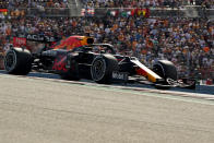 Red Bull driver Max Verstappen, of the Netherlands, races during the Formula One U.S. Grand Prix auto race at the Circuit of the Americas, Sunday, Oct. 24, 2021, in Austin, Texas. (AP Photo/Eric Gay)